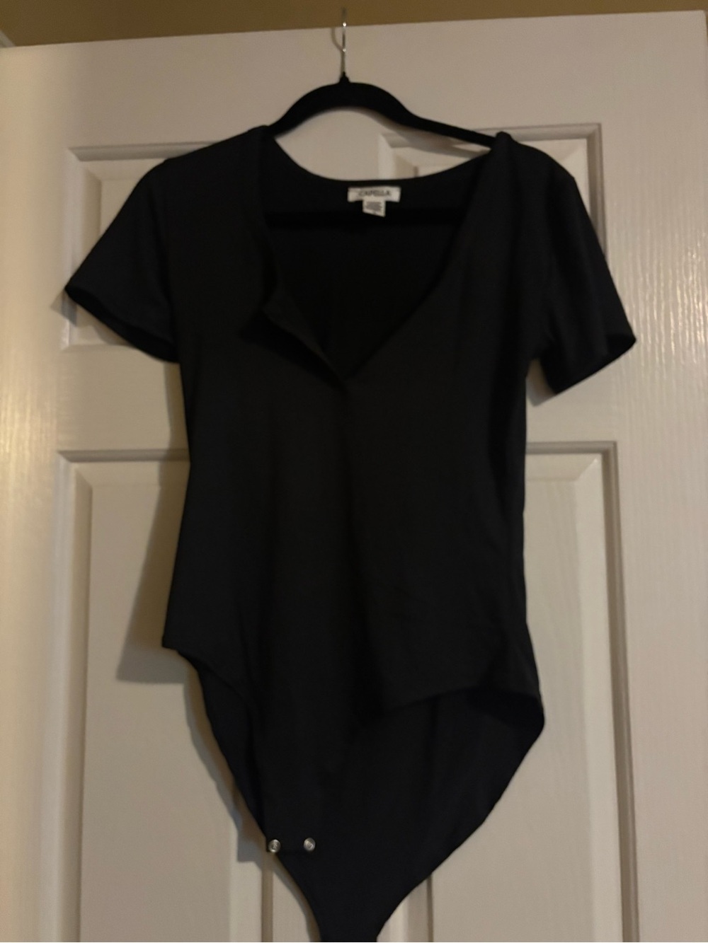 Capriola Black Short-Sleeve V-Neck Snap-Front Bodysuit